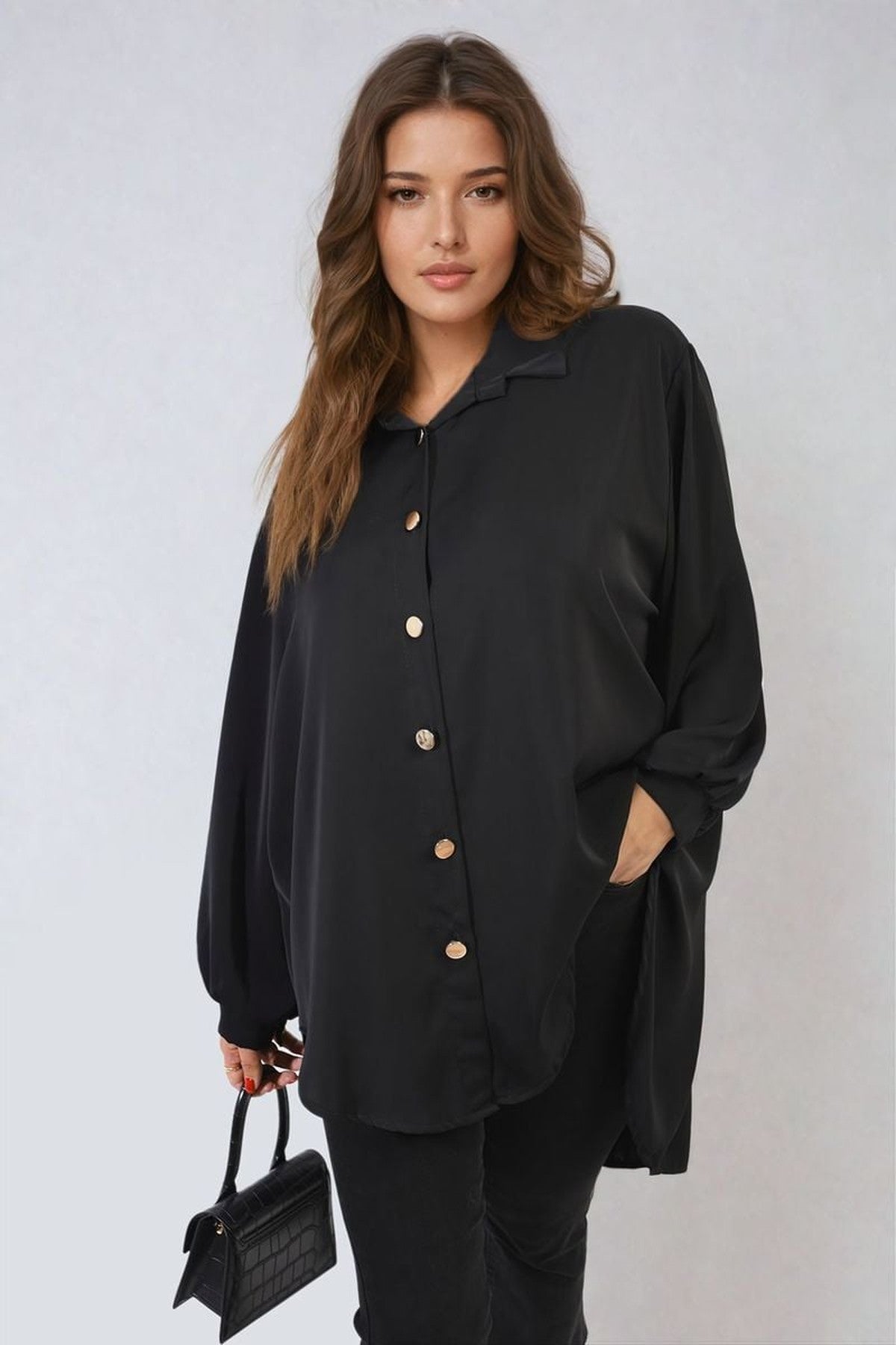 Sienna Oversized Collared Button Down Top - Black