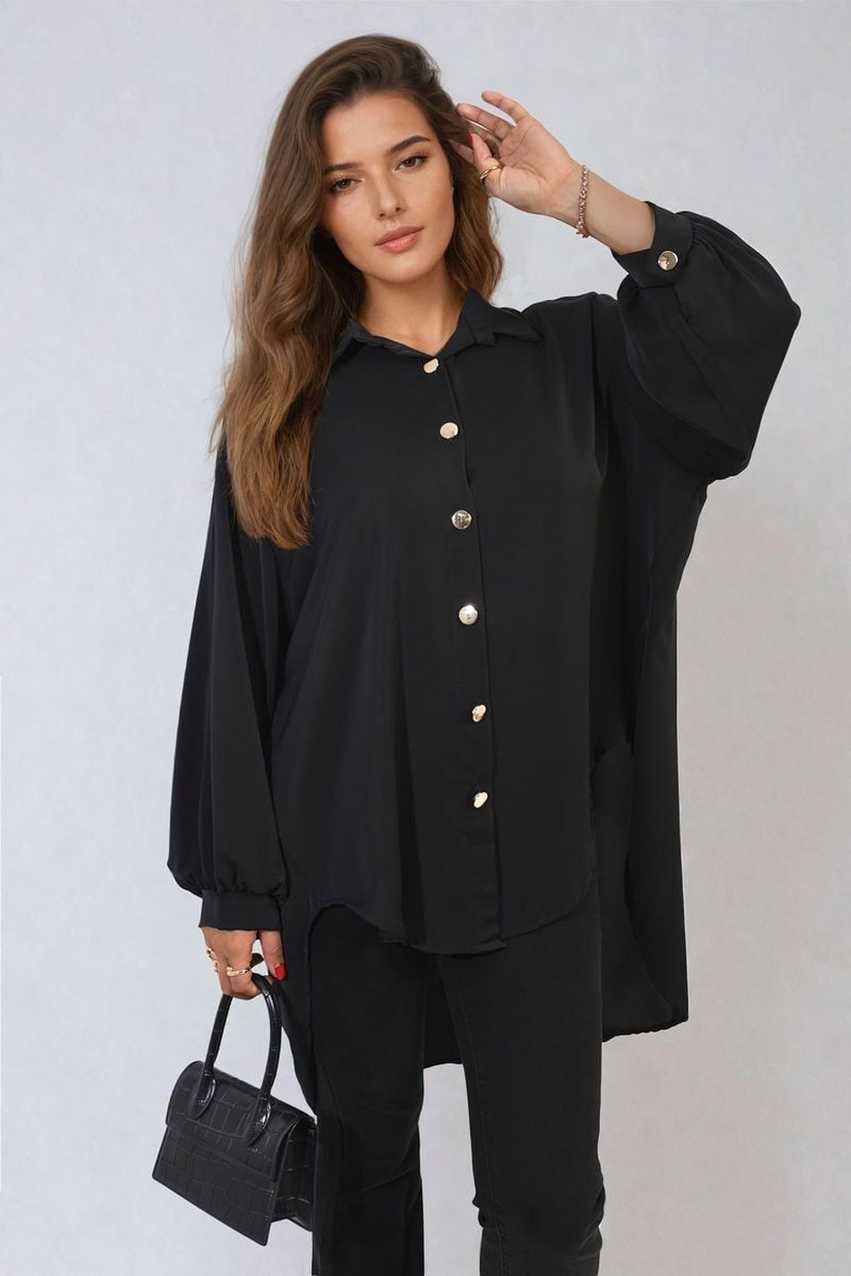 Sienna Oversized Collared Button Down Top - Black