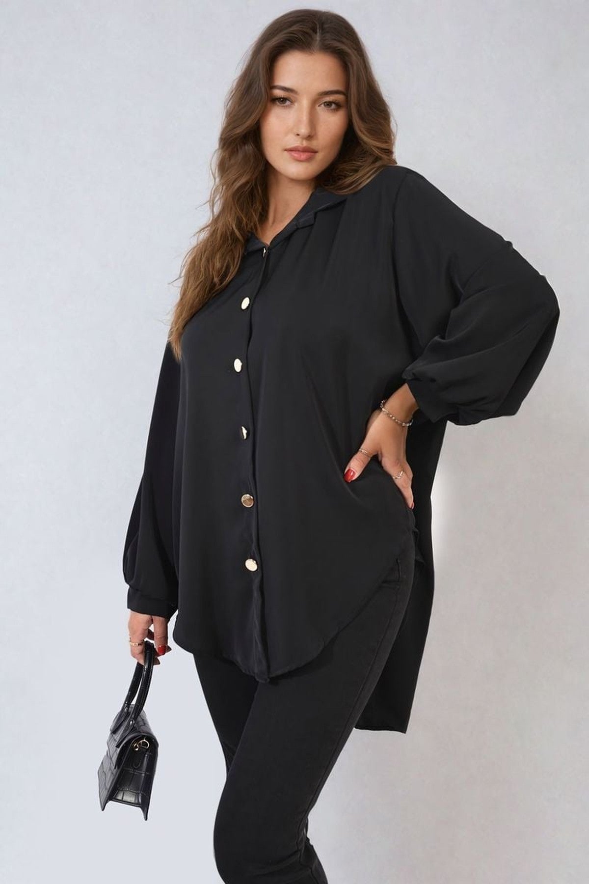 Sienna Oversized Collared Button Down Top - Black