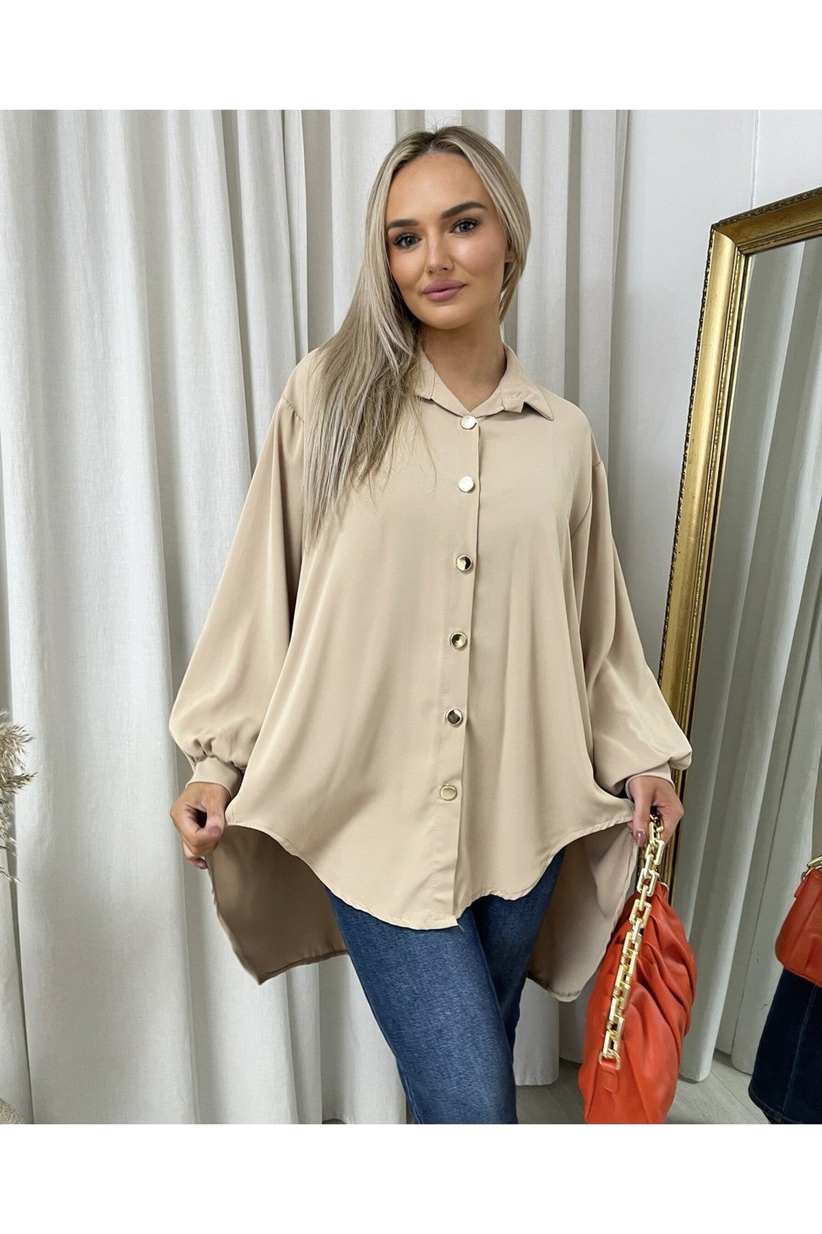 Sienna Oversized Collared Button Down Top - Camel