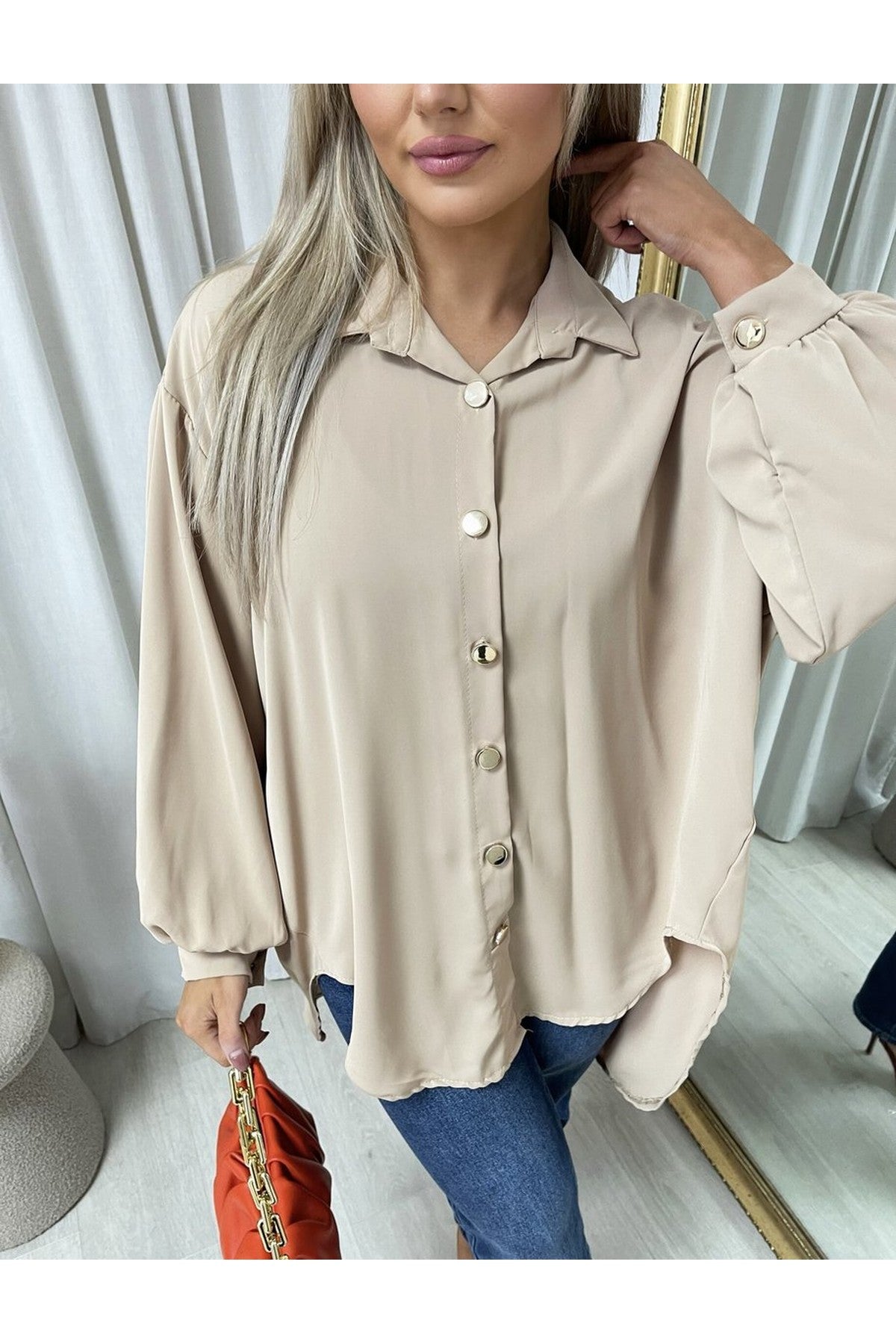 Sienna Oversized Collared Button Down Top - Camel