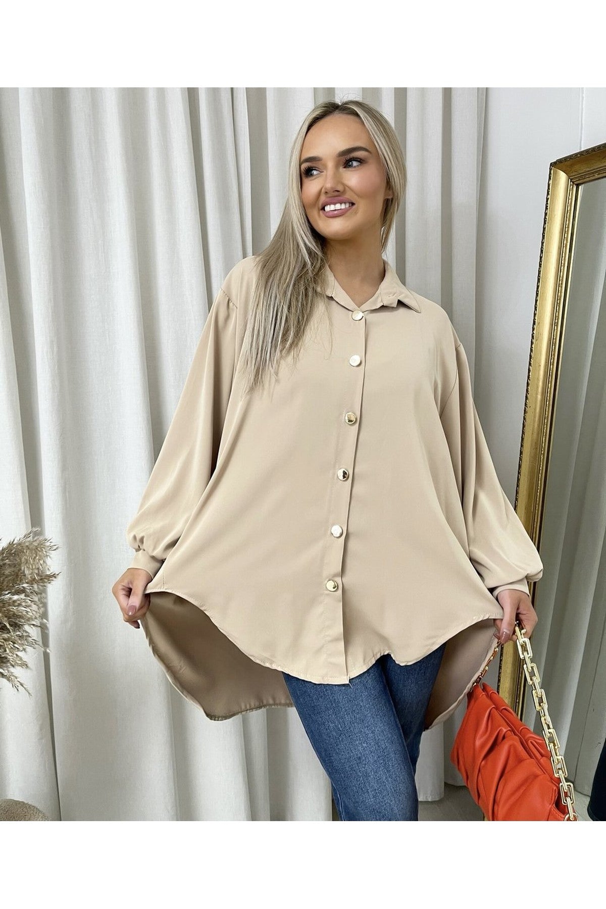 Sienna Oversized Collared Button Down Top - Camel