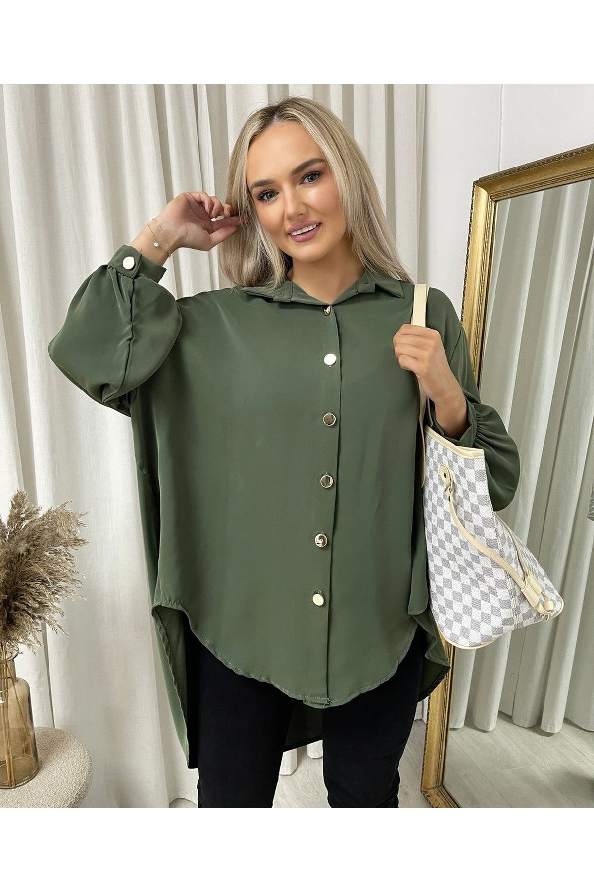 Sienna Oversized Collared Button Down Top - Khaki