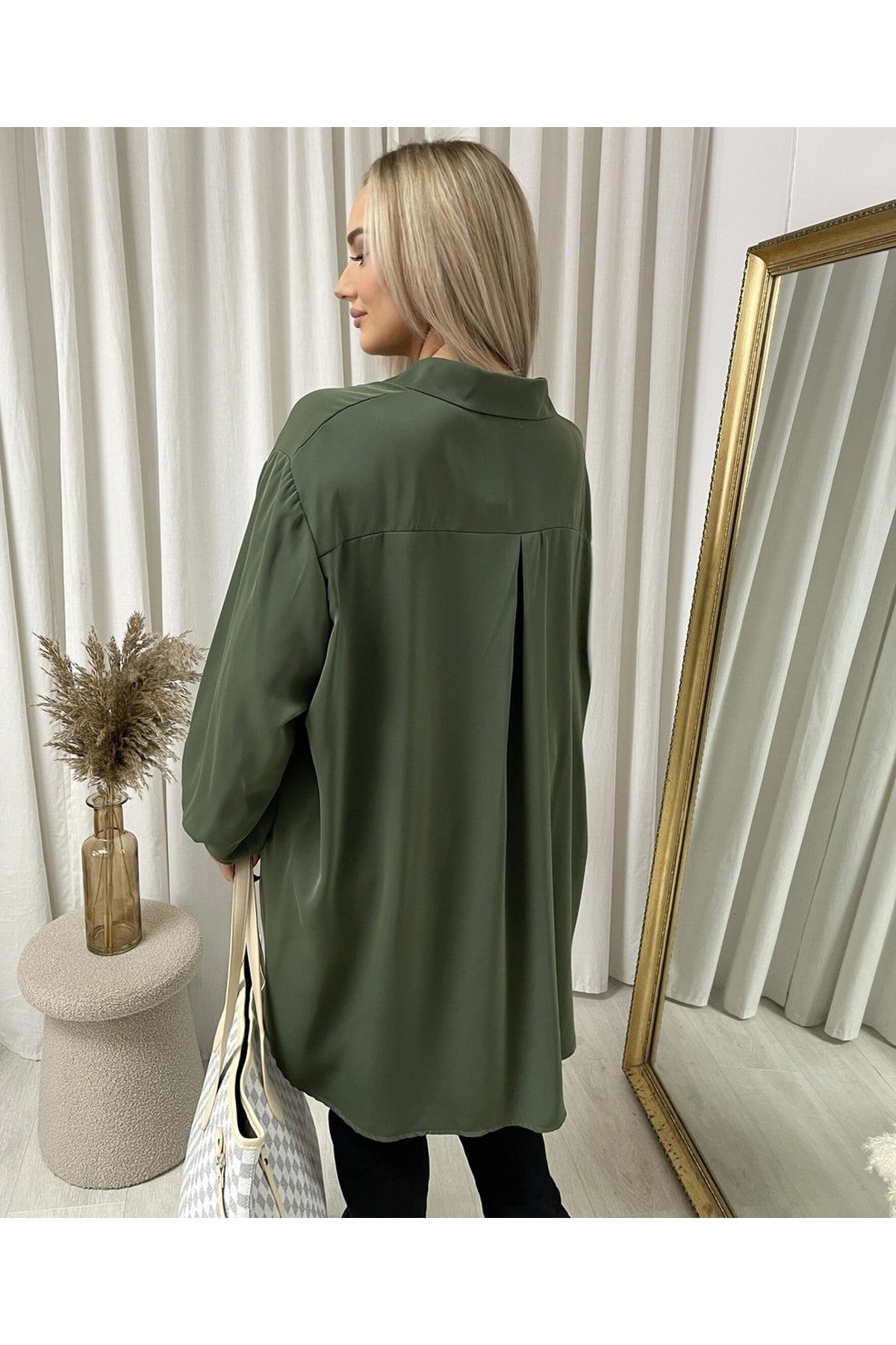 Sienna Oversized Collared Button Down Top - Khaki