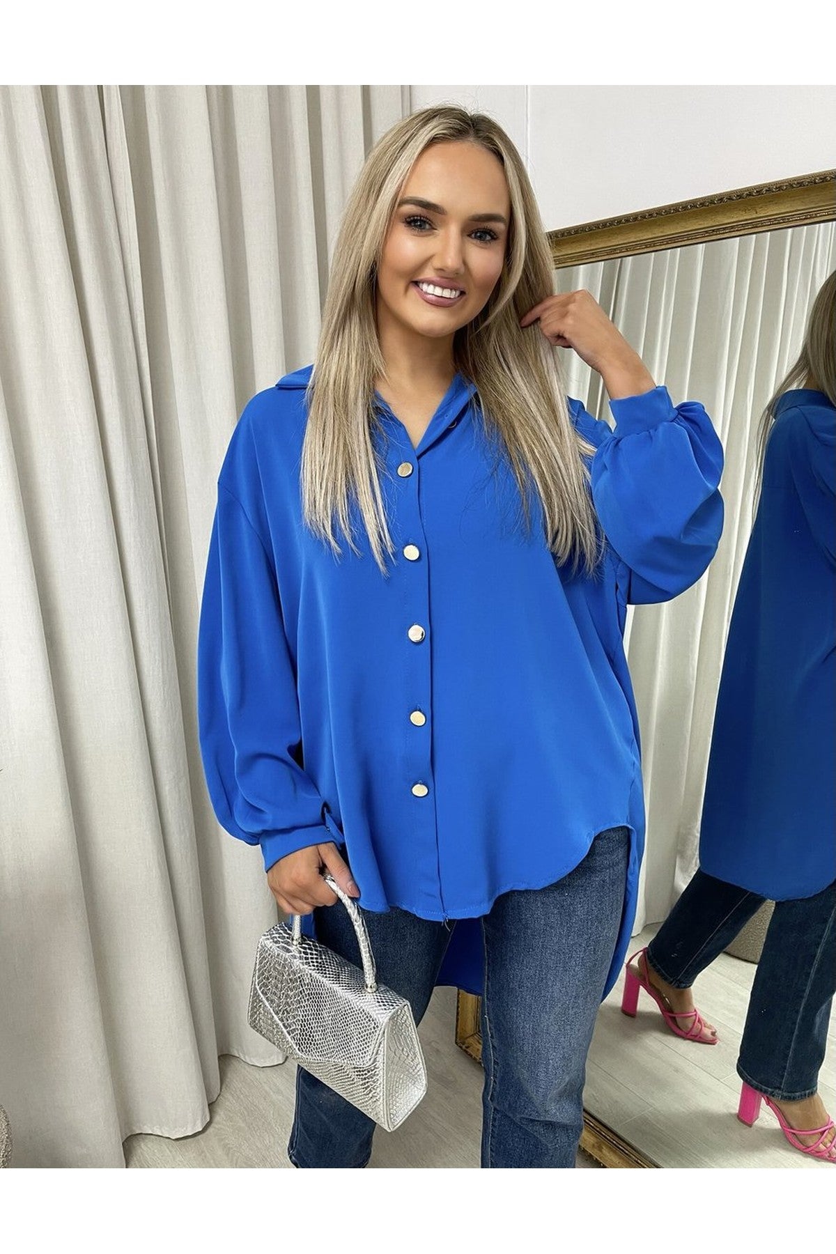 Sienna Oversized Collared Button Down Top - Royal