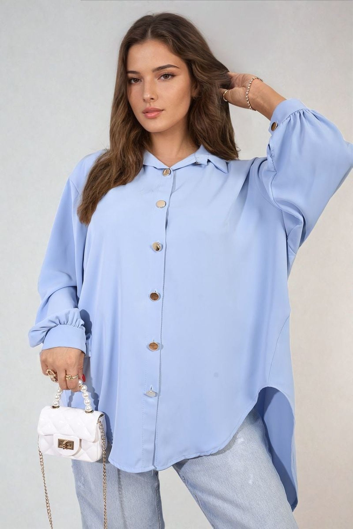 Sienna Oversized Collared Button Down Top - Sky Blue