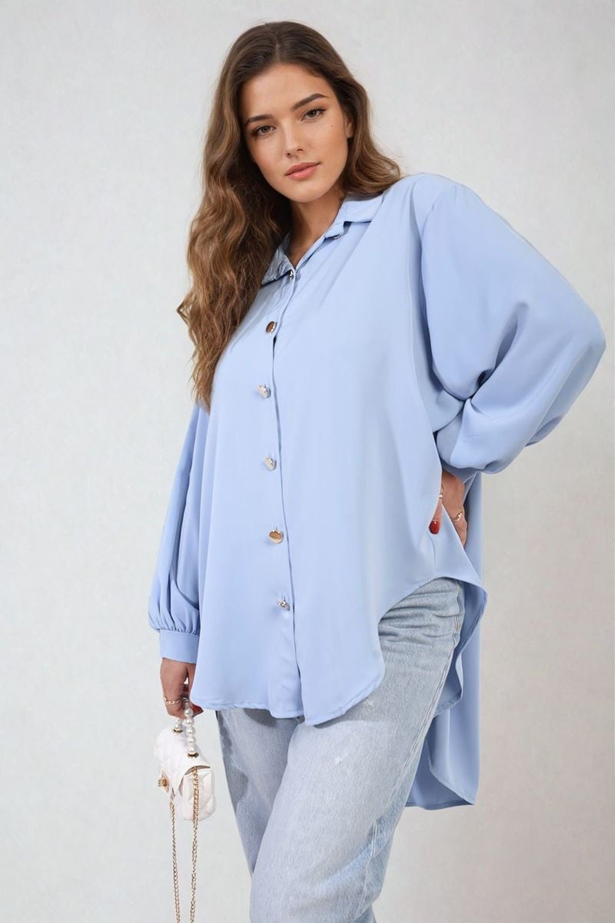 Sienna Oversized Collared Button Down Top - Sky Blue