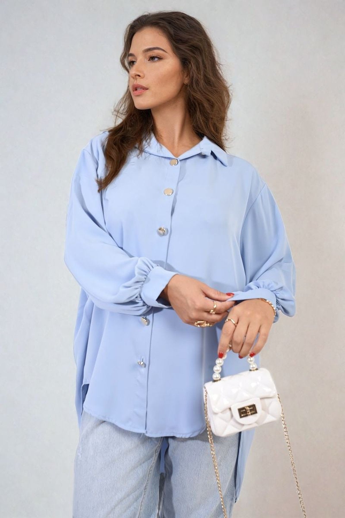 Sienna Oversized Collared Button Down Top - Sky Blue