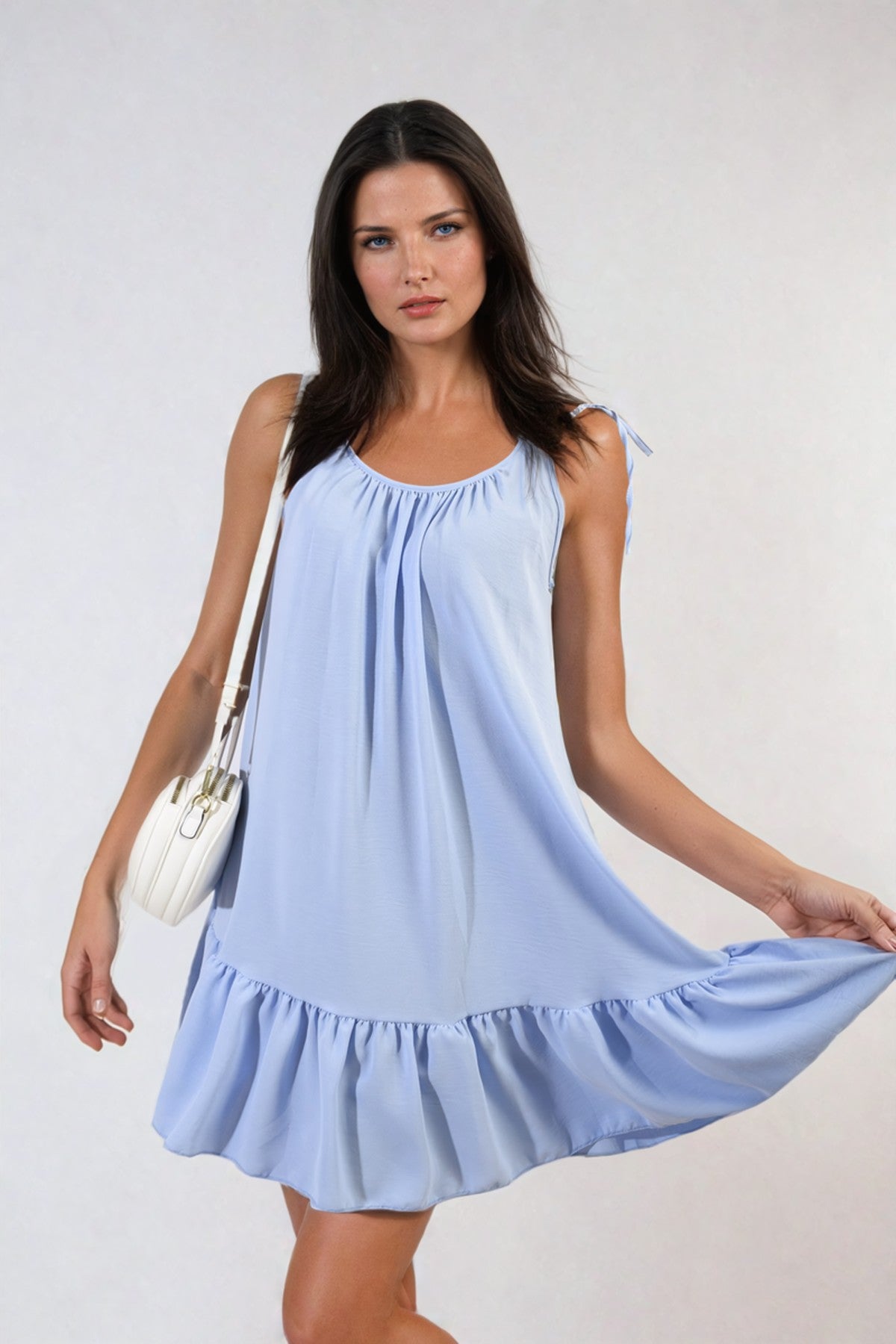 Faye Backless Tie-up Spaghetti Strap Frill Hem Mini Dress - Sky Blue