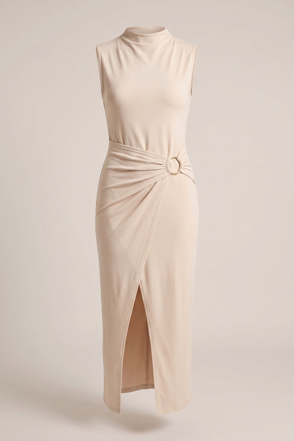 Kaida Sleeveless Drape Ring Detail Split Midi Dress - Beige