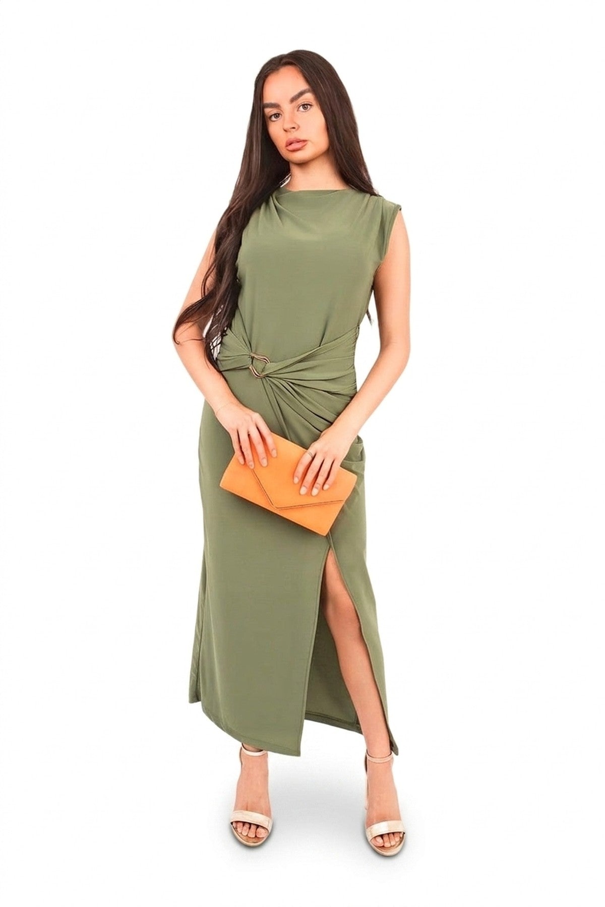 Kaida Sleeveless Drape Ring Detail Split Midi Dress - Khaki_wb