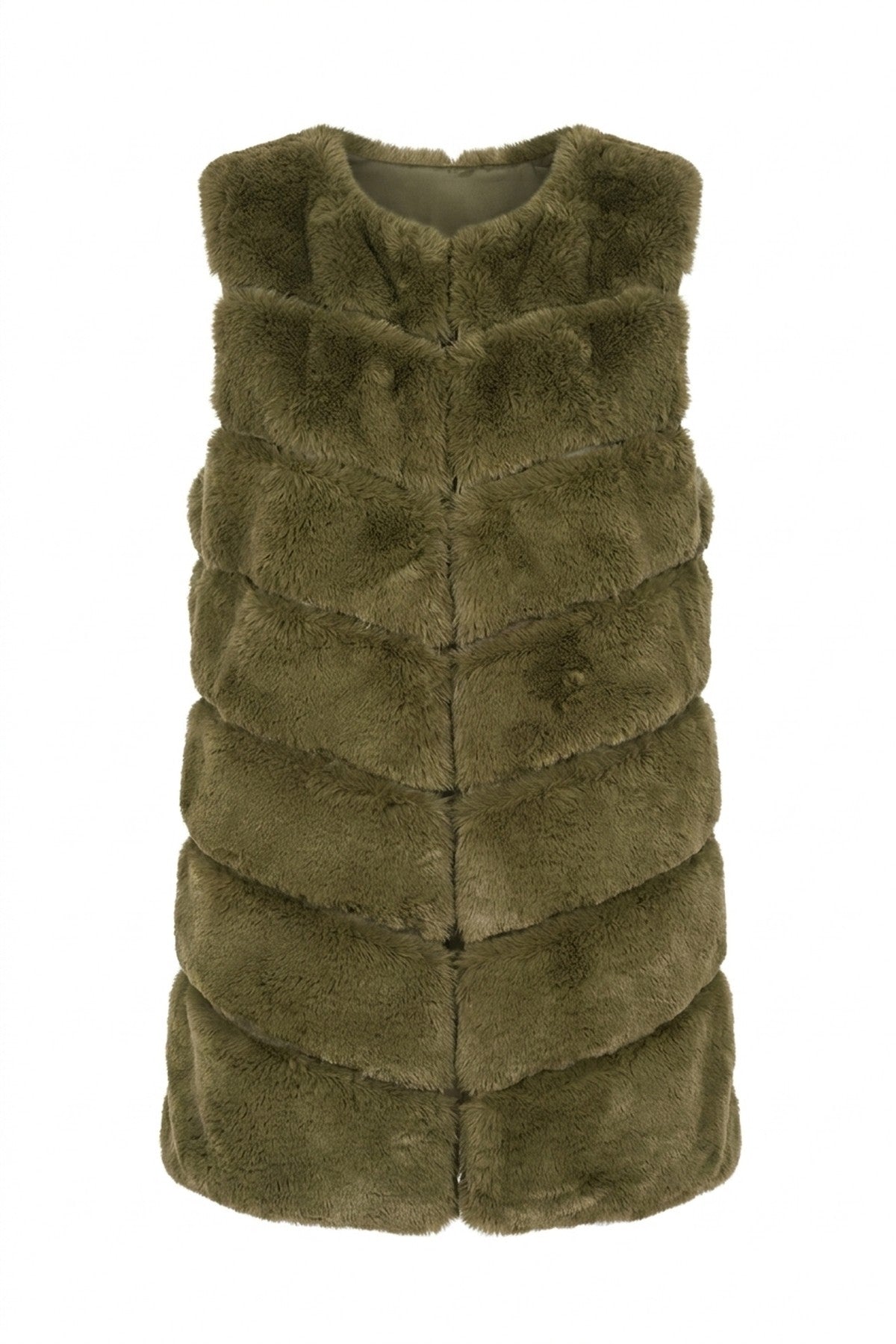 Verina Sleeveless Faux Fur Longline Gilet - Khaki_wb