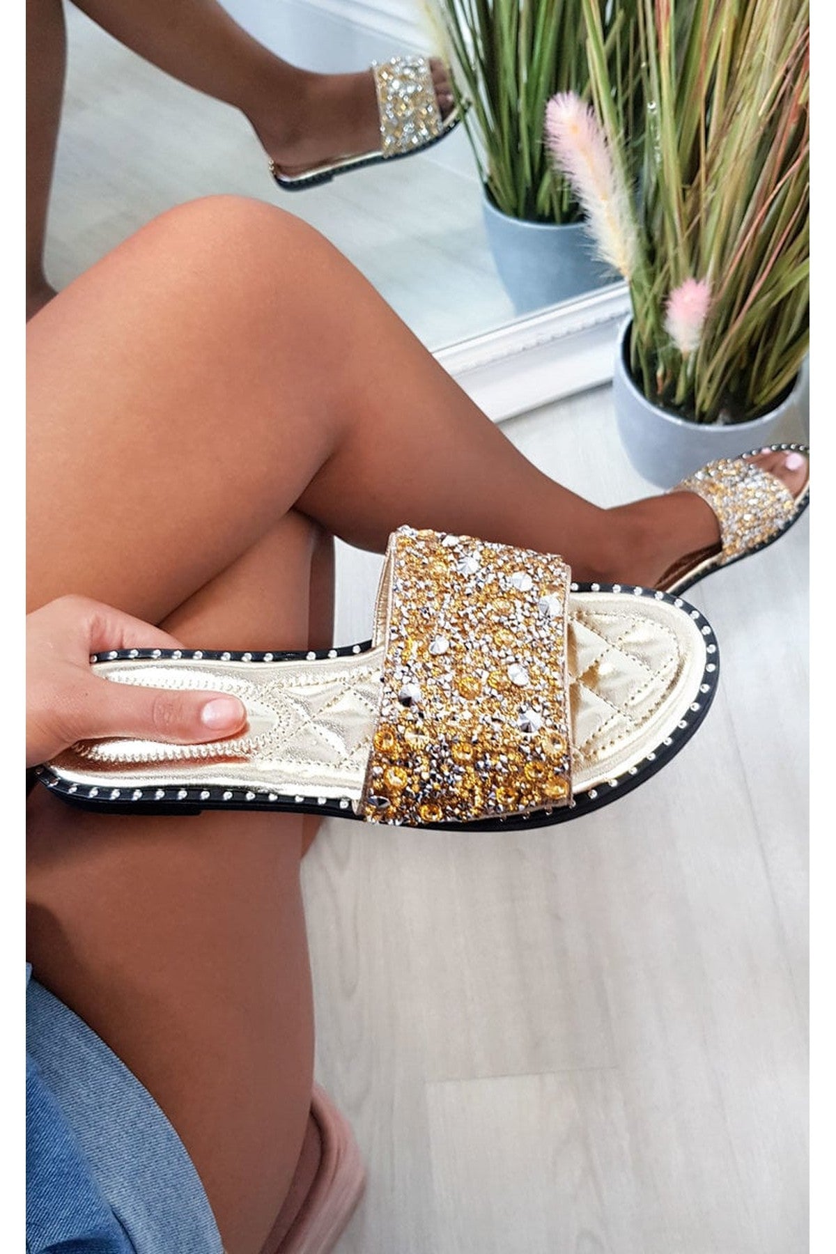 Sofie Embellished Slip On Sandals - Gold