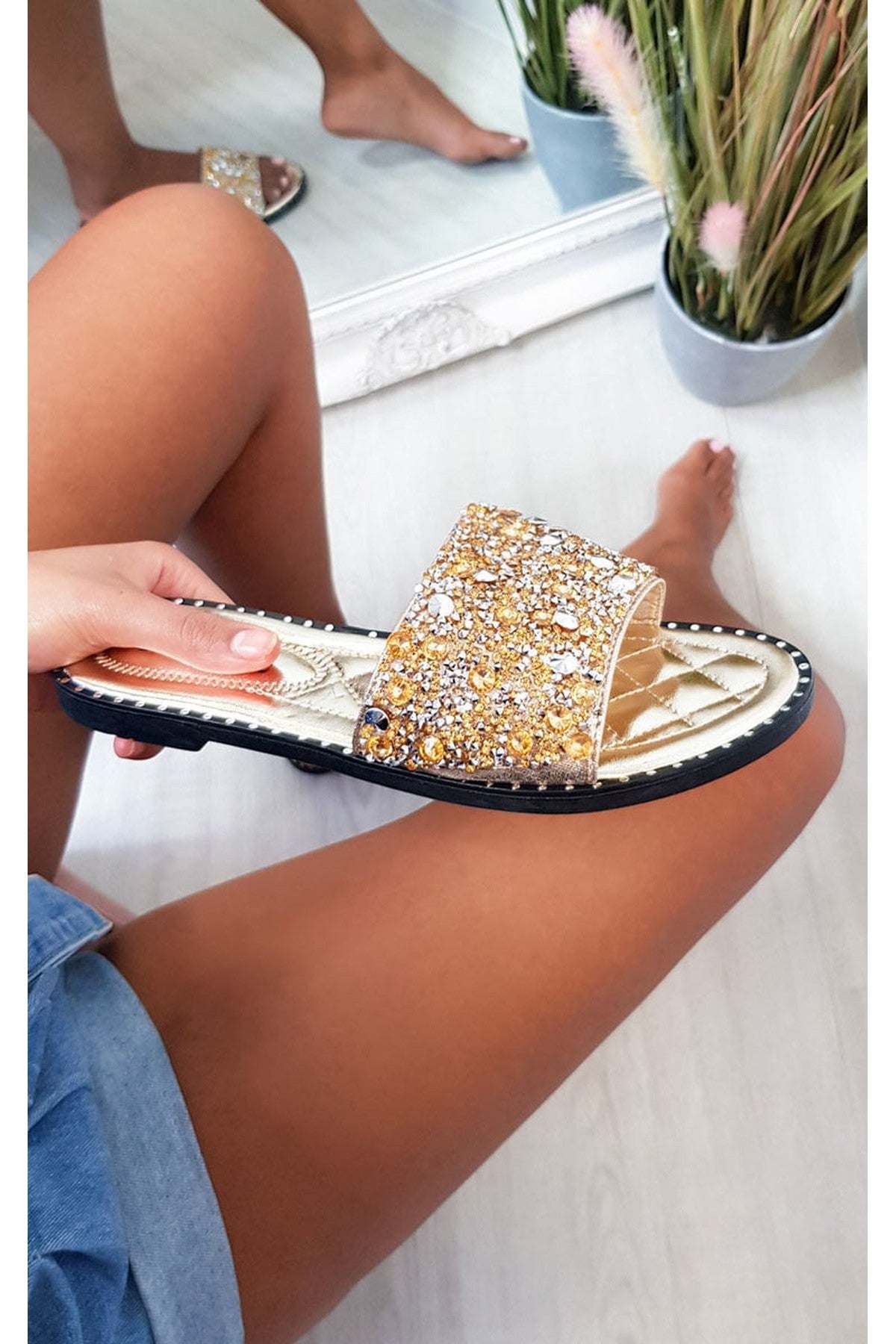 Sofie Embellished Slip On Sandals - Gold