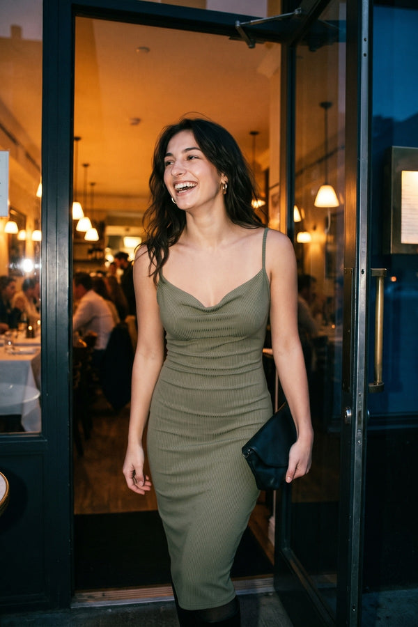Elenya Spaghetti Strap Bodycon Midi Dress - Khaki