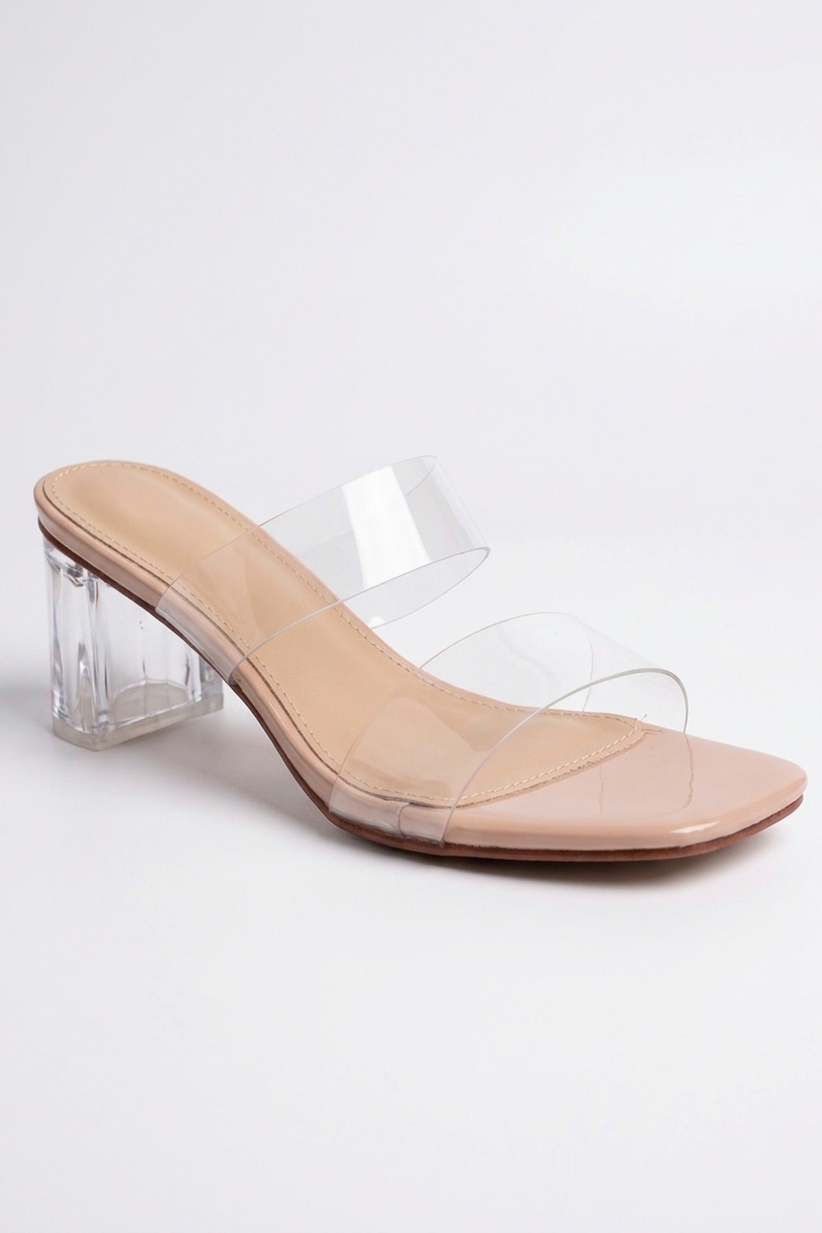 Genevieve Clear Strap Low Block Heel Mules - Beige
