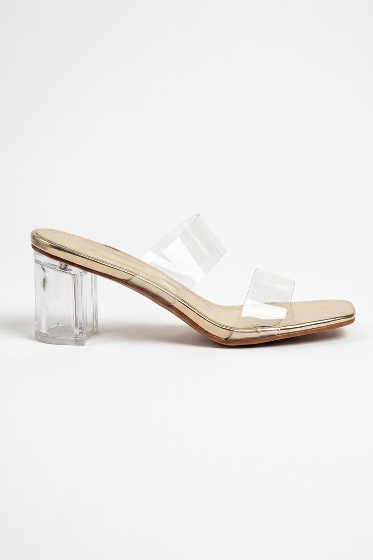 Genevieve Clear Strap Low Block Heel Mules - Gold