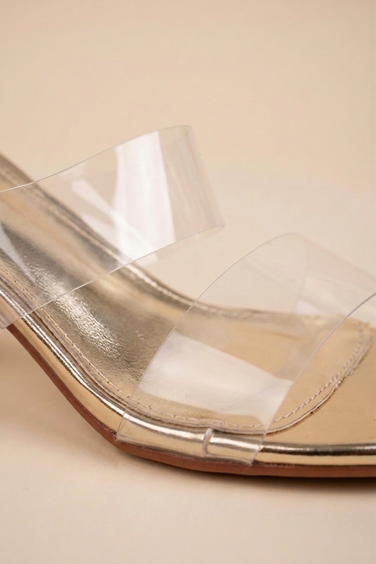Genevieve Clear Strap Low Block Heel Mules - Gold