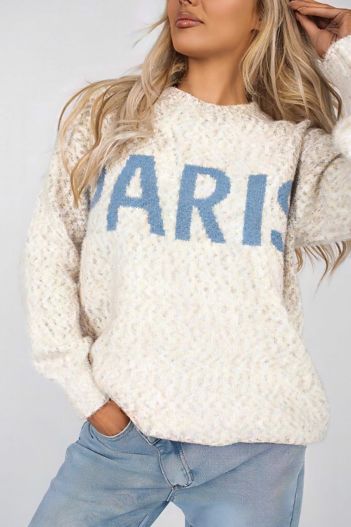 Jalina Long Sleeve Oversized Knitted Jumper With Paris Slogan - Stone