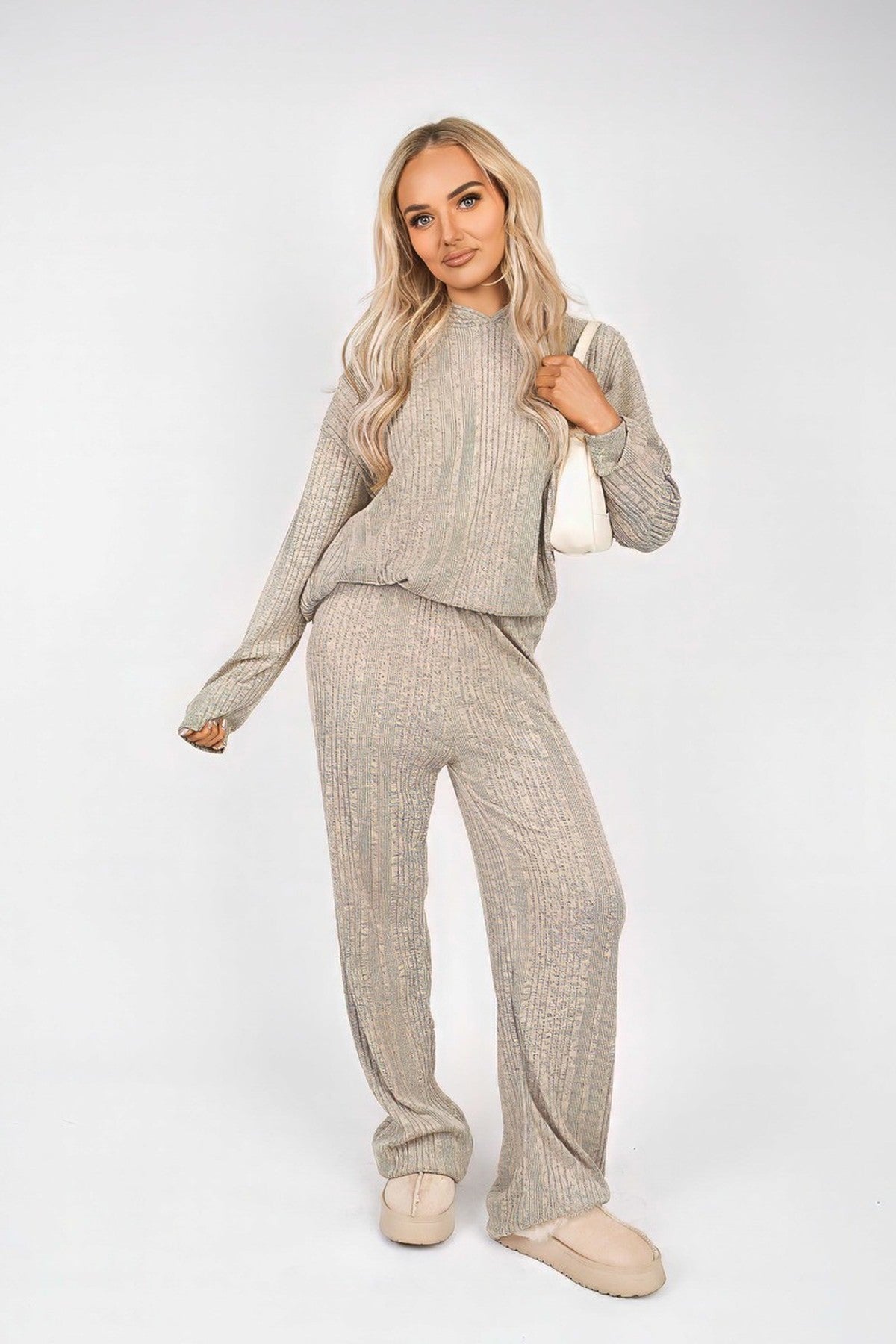 Zayana Hooded Ribbed Oversized Top And Wide Leg Lounge Co-ord Set - Stone