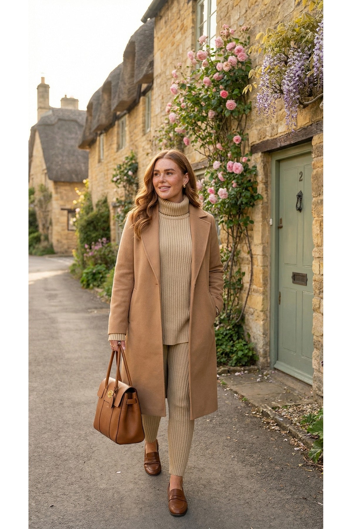 Mila Chunky Knitted High Roll Neck Top Bottom Co-ord Set - Stone