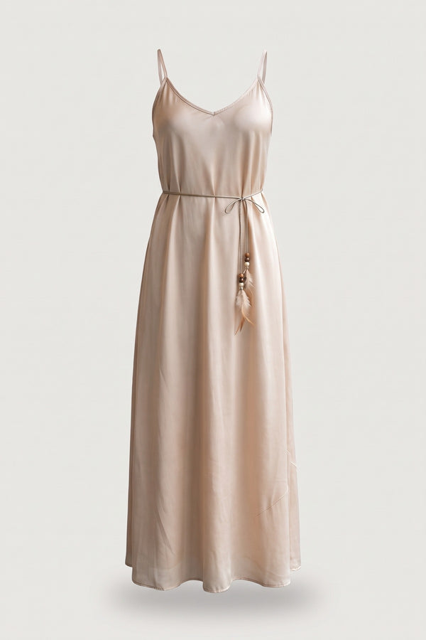 Liora Strappy Maxi Dress With Feather Tie Waist - Beige