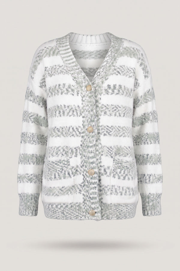 Mirla Striped Button Front Knitted Cardigan - Blue