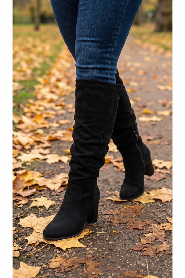 Lunara Suede Knee High Block Heel Boots - Black