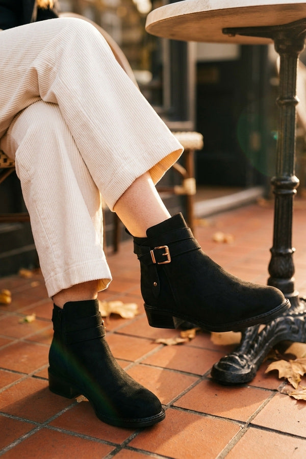Pearl Faux Suede Wrap Strap Ankle Boots - Black