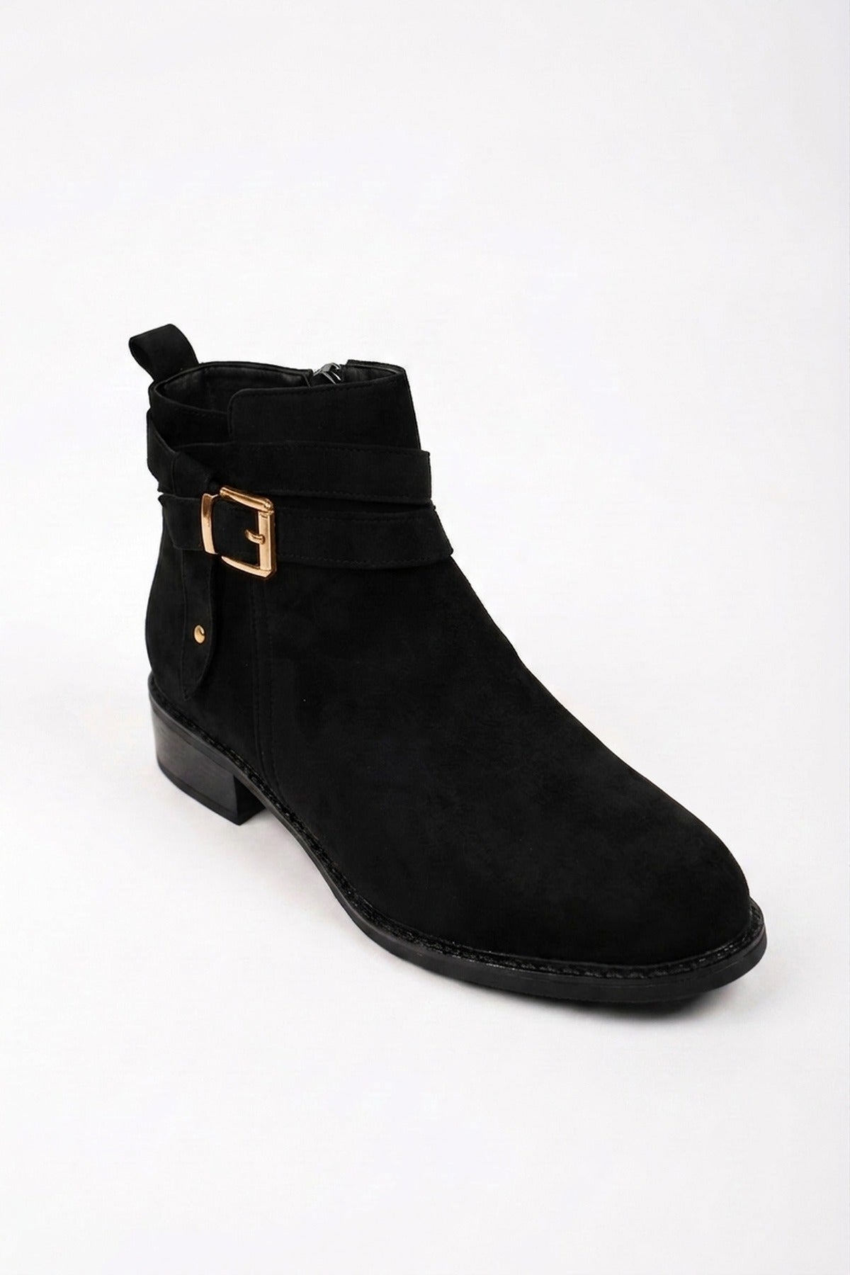 Pearl Faux Suede Wrap Strap Ankle Boots - Black