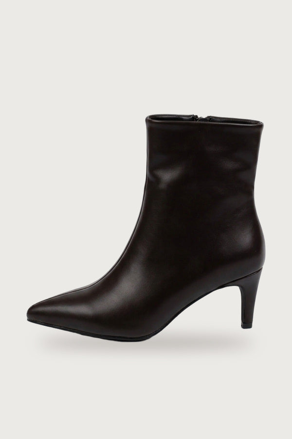 Svetlana Faux Leather Pointed Toe Kitten Heel Ankle Boots - Brown