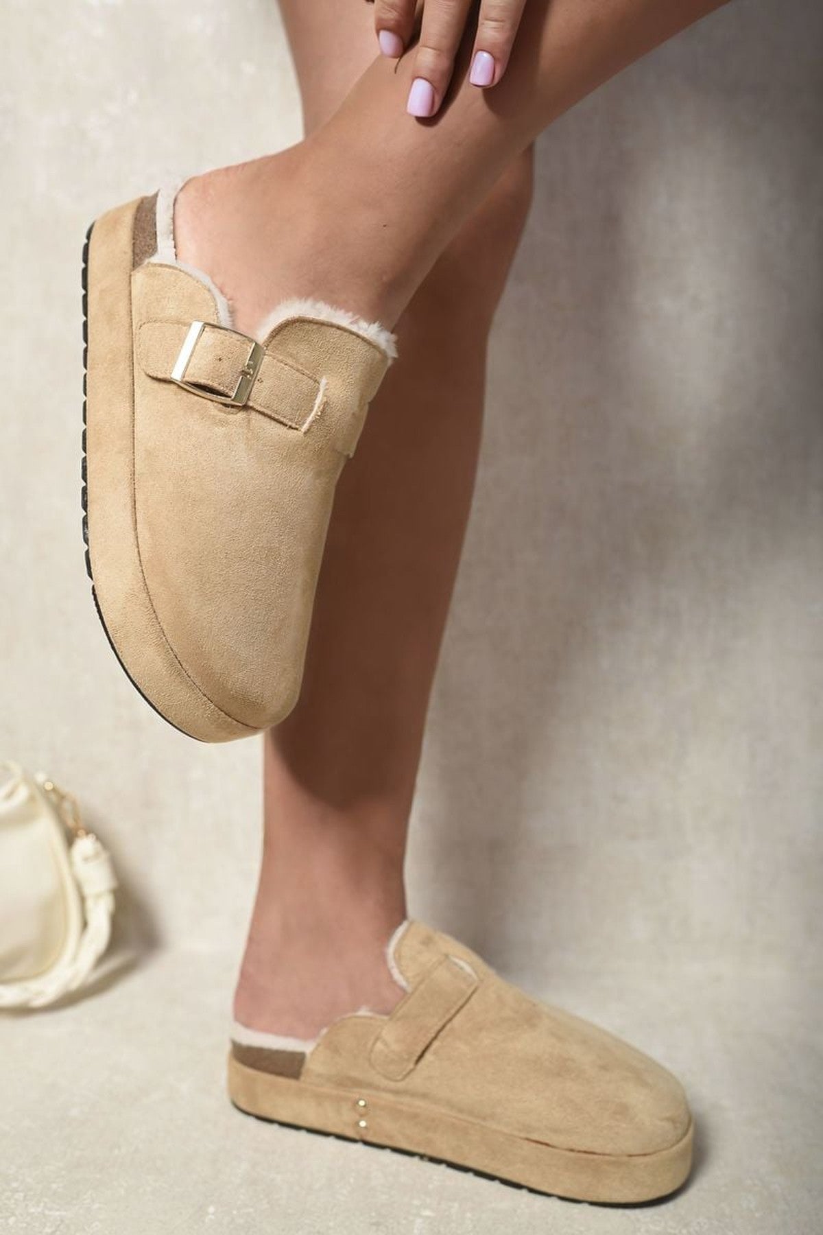 Sylvie Slip On Faux Fur Platform Clogs - Beige
