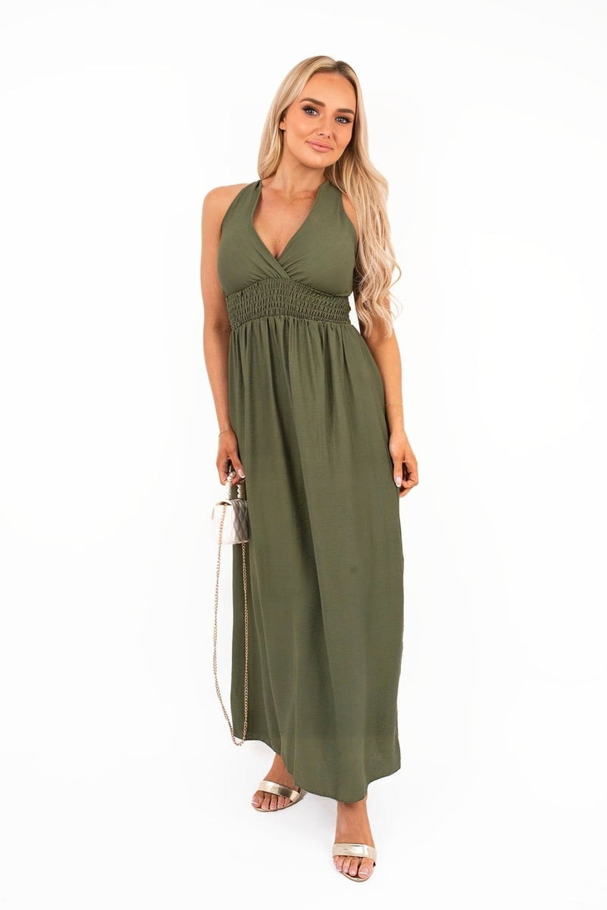 Talina Cross Back Maxi Dress With Ruched Waist - Khaki