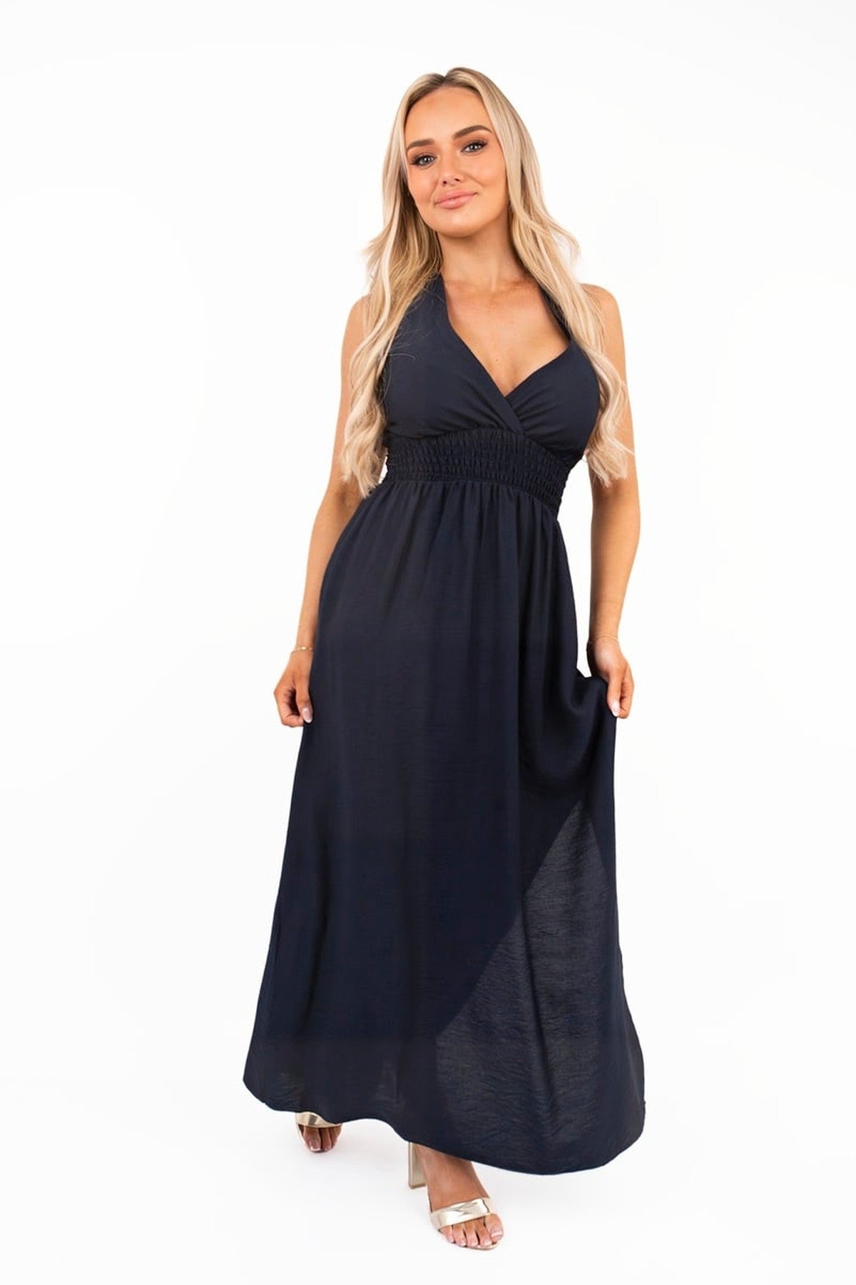 Talina Cross Back Maxi Dress With Ruched Waist - Navy