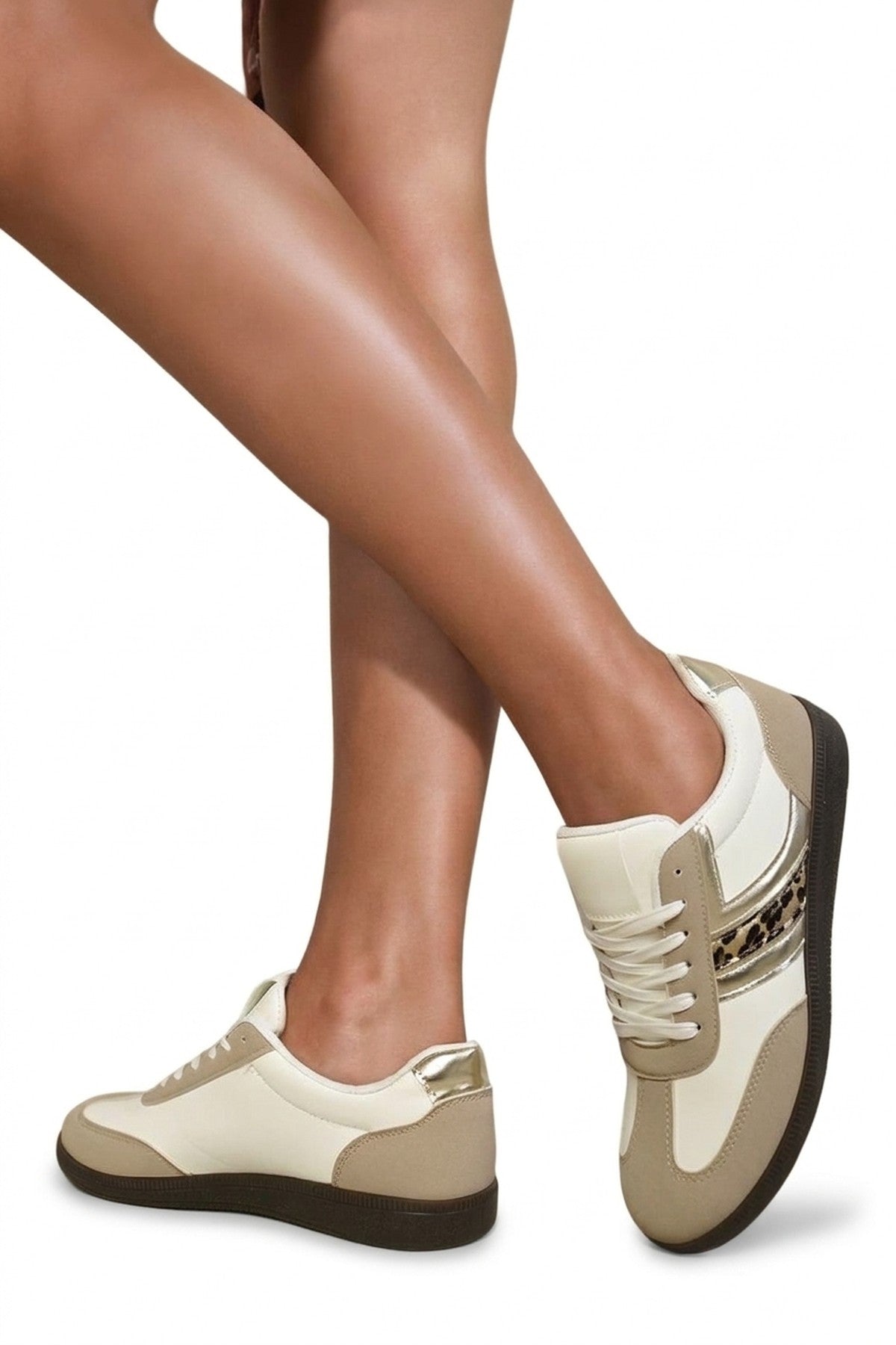 Aliyah Lace Up Stripe Platform Trainers - Khaki/tan