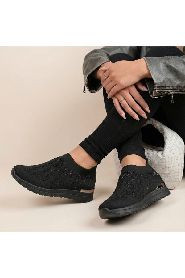 Tawnie Diamante Knit Slip-on Wedge Trainers - All Black