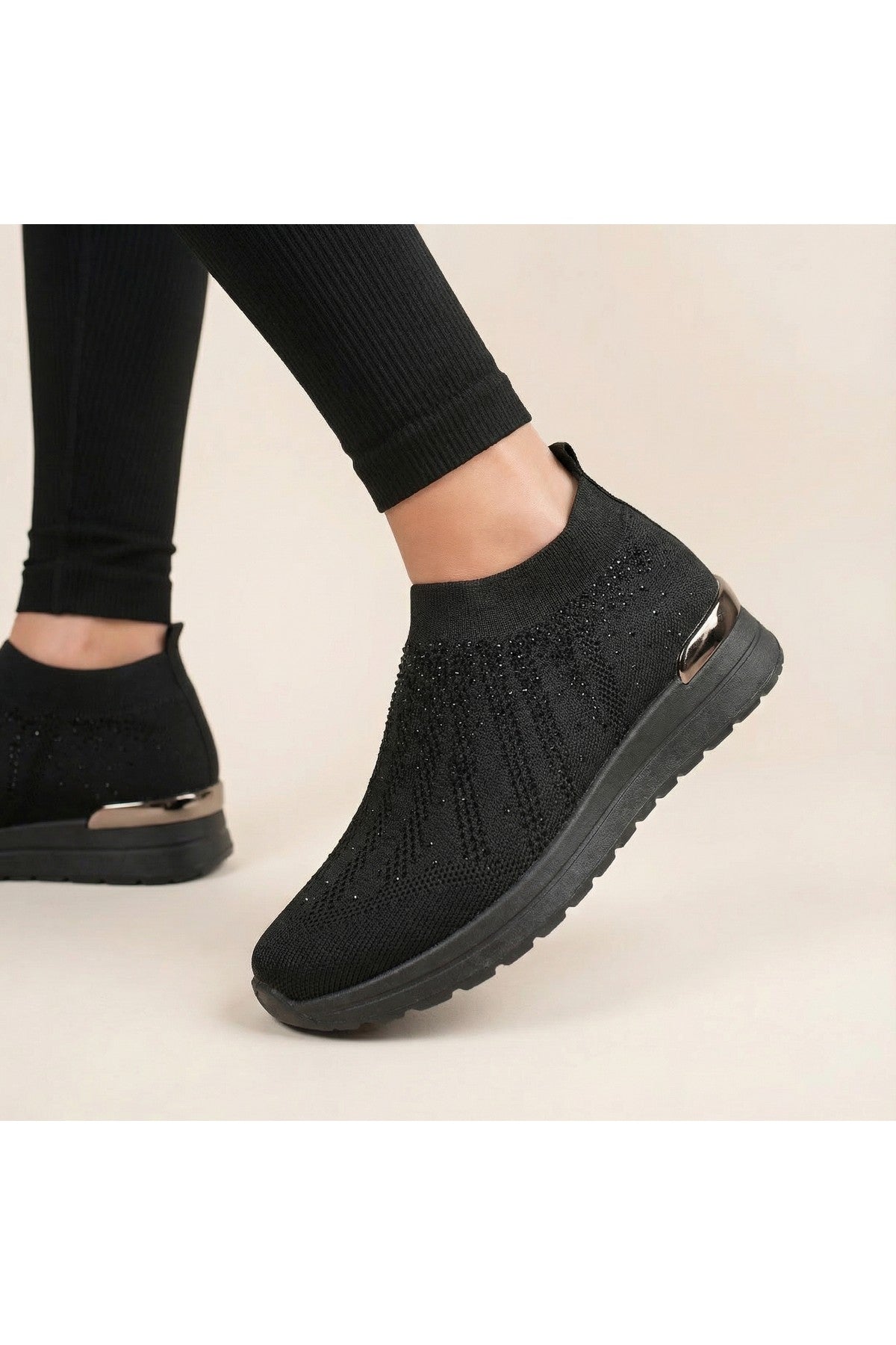 Tawnie Diamante Knit Slip-on Wedge Trainers - All Black