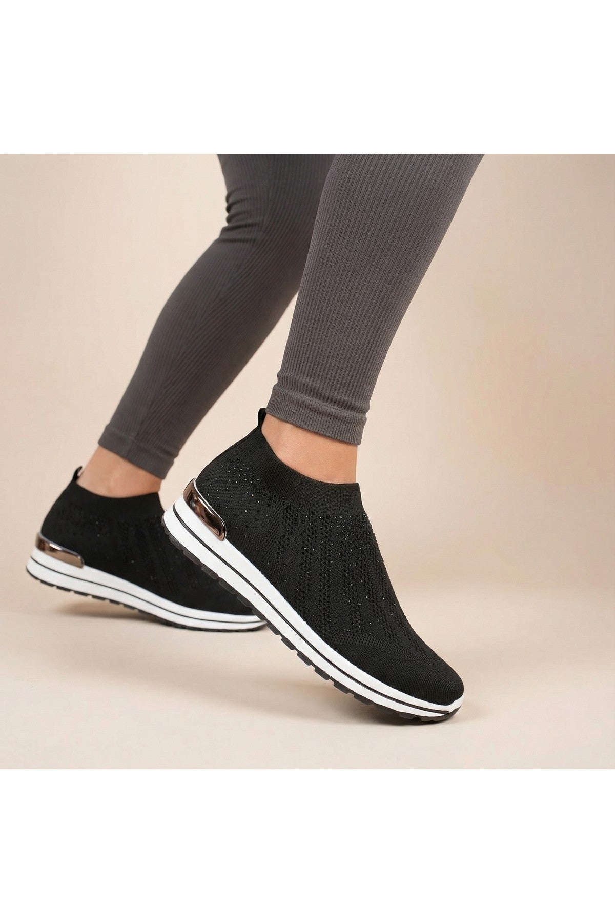 Tawnie Diamante Knit Slip-on Wedge Trainers - Black/White