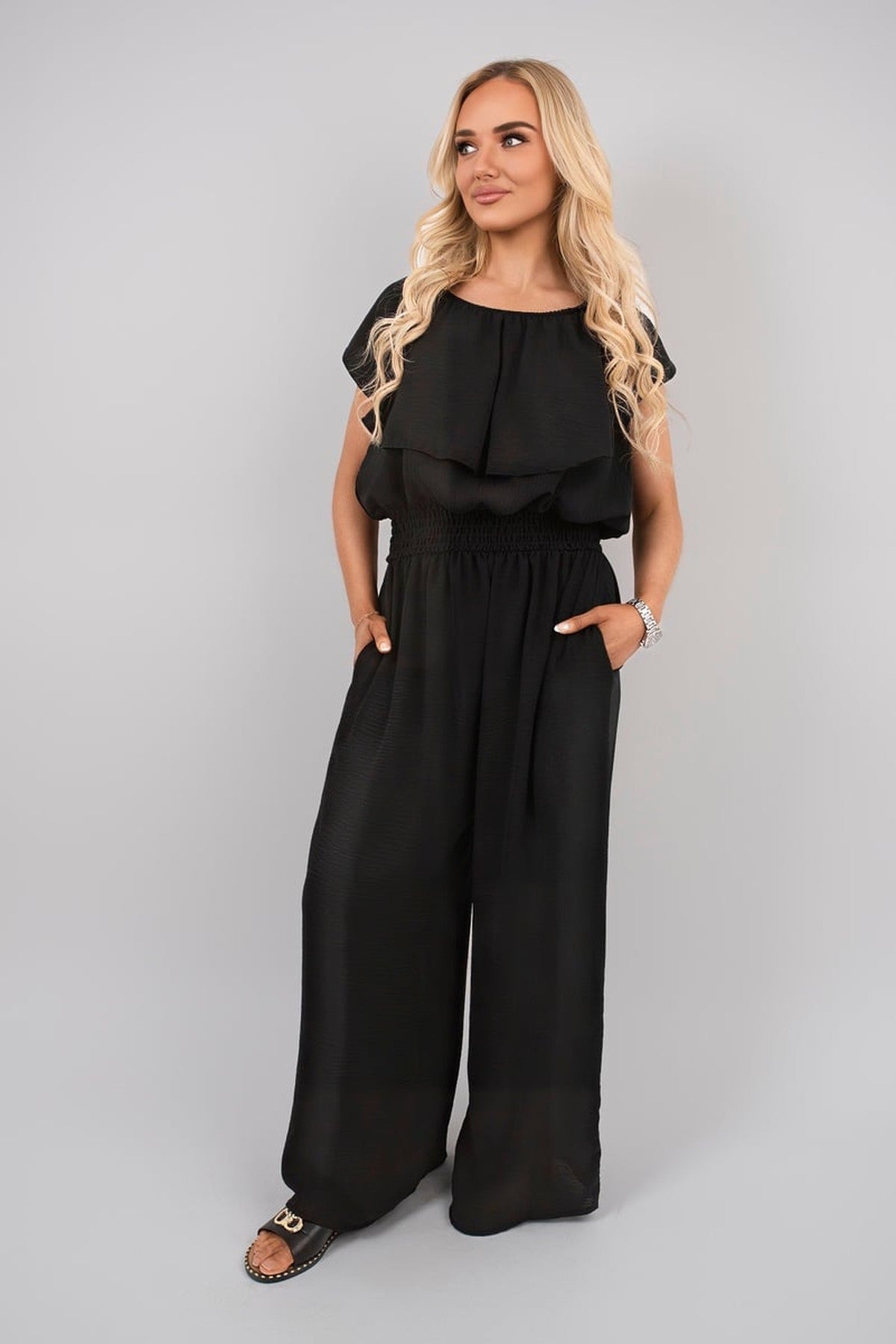 Tawnie Off Shoulder Flared Wide Leg Jumpsuit With Ruffle Detail - Black