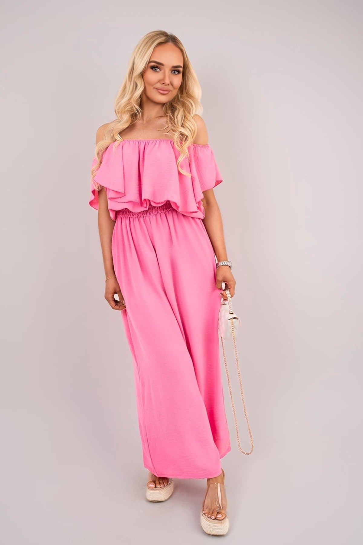 Tawnie Off Shoulder Flared Wide Leg Jumpsuit With Ruffle Detail - Pink