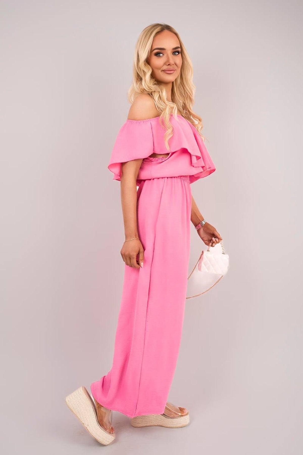 Tawnie Off Shoulder Flared Wide Leg Jumpsuit With Ruffle Detail - Pink