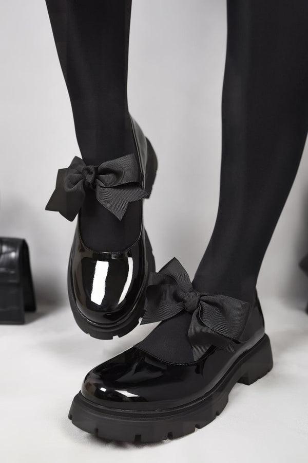 Taylee Chunky Sole Patent Ballet Flats With Bow Detail - Black