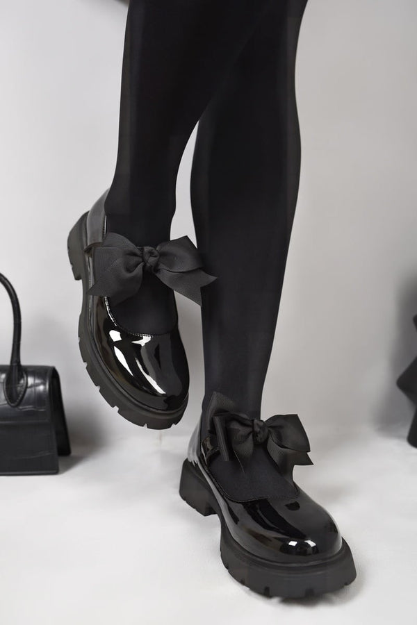 Taylee Chunky Sole Patent Ballet Flats With Bow Detail - Black