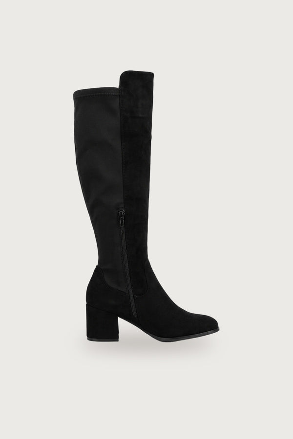 Teagan Faux Suede Over The Knee Block Heel Boots - Black