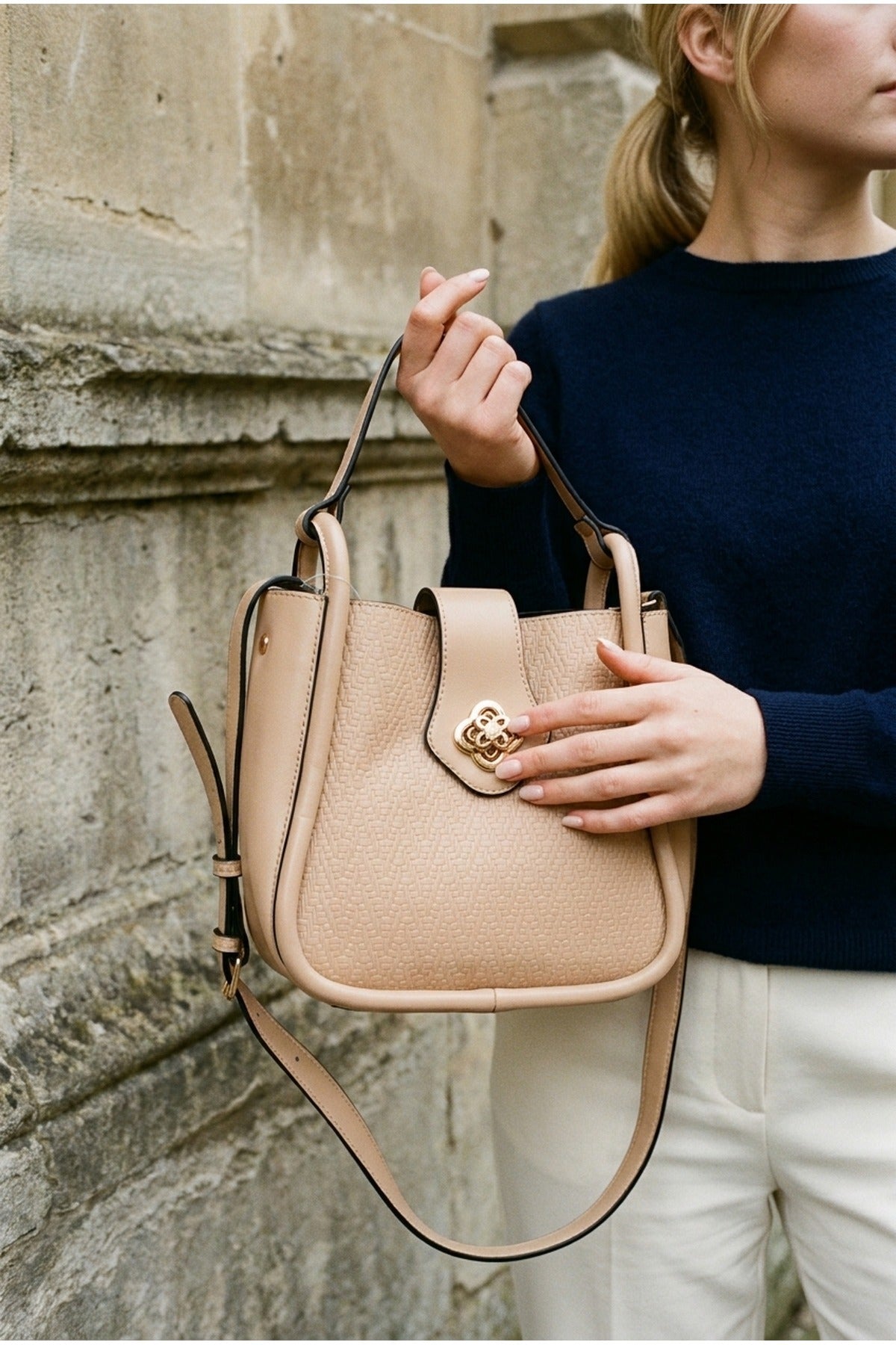 Ines Woven Panel Crossbody Bag - Apricot