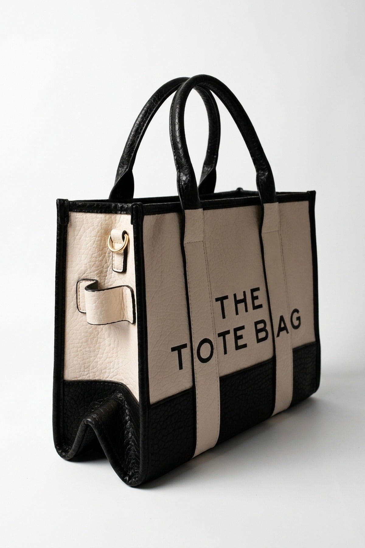 Matilde Two Tone Pebbled Faux Leather Printed Tote Bag - Black