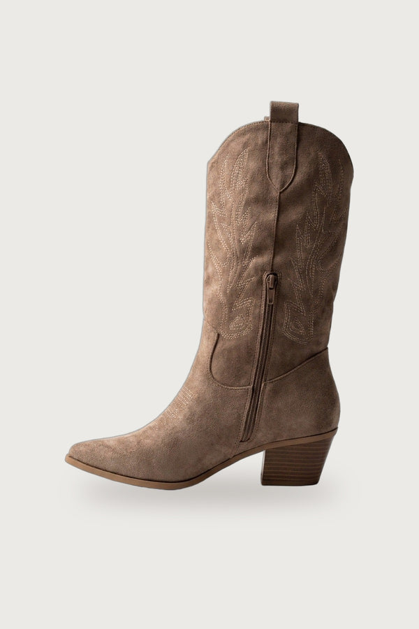 Tula Faux Suede Embroidered Western Boots - Khaki