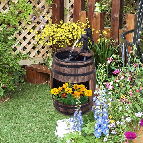 Outsunny Wood Barrel Pump Garden Fountain Water Feature Flower Planter Stand New