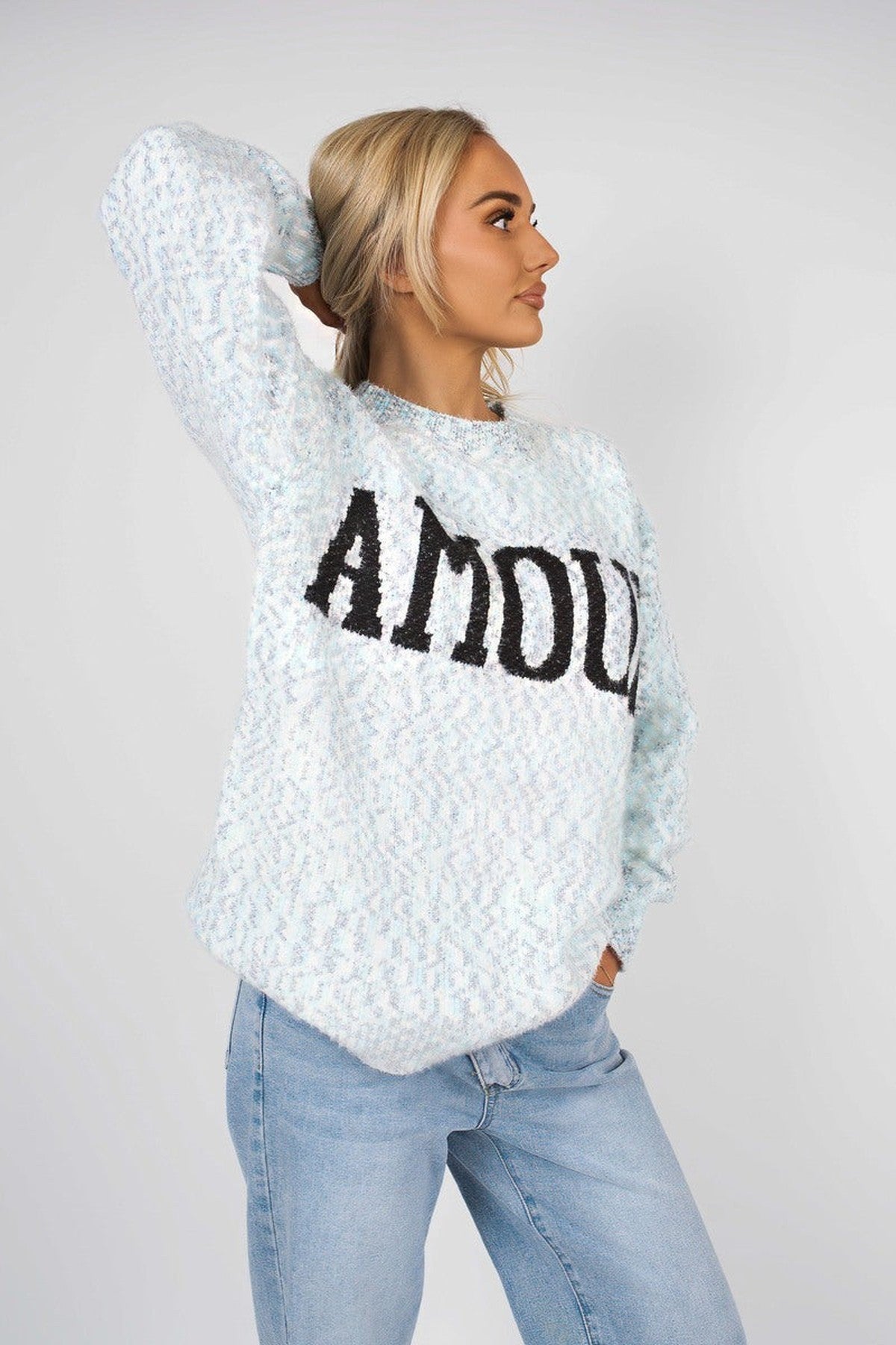 Zenya Fluffy Knit Oversized Jumper With Amour Slogan Detail - Blue