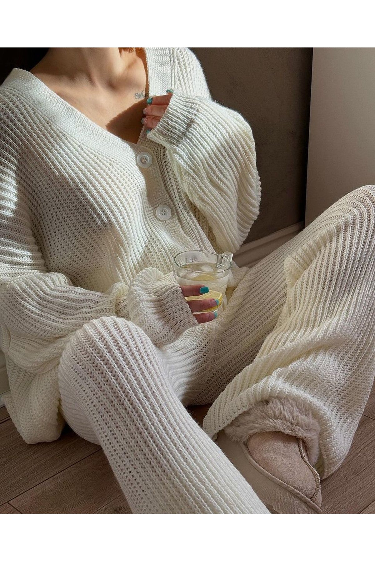 Emma Chunky Knitted Button Up Cardigan Wide Leg Trousers Co-ord Set - Cream